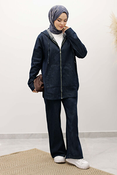 Tesettür Dünyası Zippered Hooded Denim Suit Tsd250250 Dark Blue