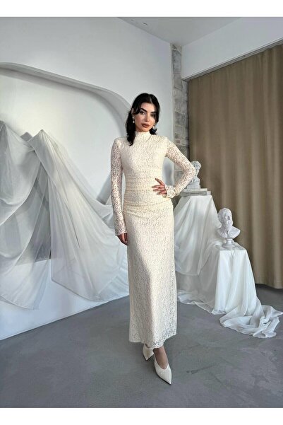 Julidress Φόρεμα με δαντέλα Premium με ψηλός λαιμός επένδυση, μακρύ μάξι, κρεμ βάτα