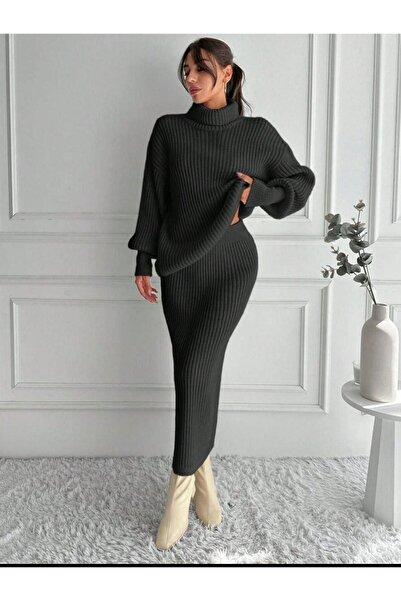 Cockatoo Women's Knitwear Set Turtleneck Sweater + Slit Skirts / Winter Knit Two-Piece Set