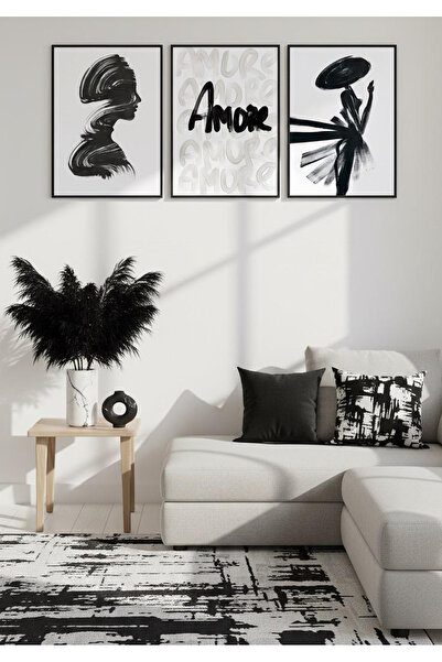 Linacci Triple Black Metal Frame White Love Artistic Poster Glass Painting Set