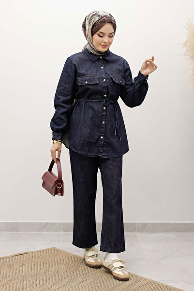Tesettür Dünyası Double Pocket Tie Waist Denim Suit Tsd250249 Dark Blue