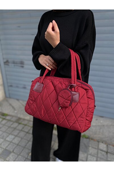 PurpleART Women's Burgundy Quilted Embroidery Patterned Water Repellent Micro Fabric Hand and Shoulder Bag 30X40Cm