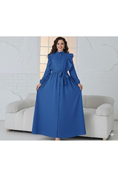 QLAY Women's Cobalt Blue Flounced Belted Woven Dress