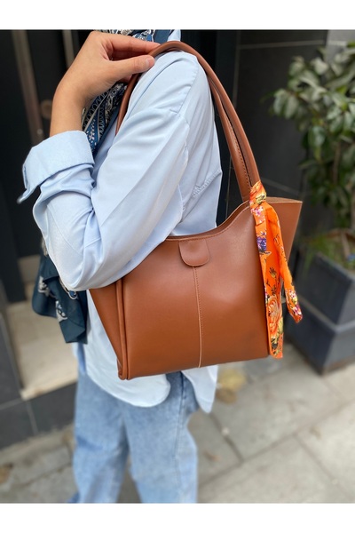 PurpleART Women's Tan Scarf Medium Size Shoulder Bag with Gift 22X30Cm