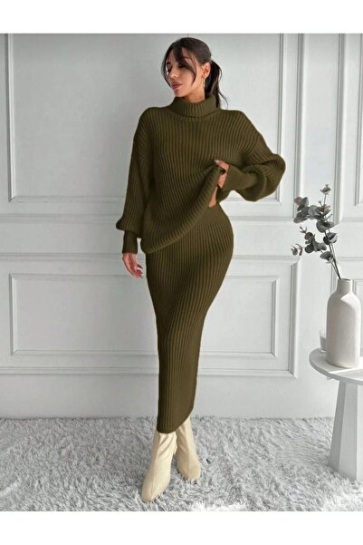 Cockatoo Women's Knitwear Set Turtleneck Sweater + Slit Skirts / Winter Knit Two-Piece Set