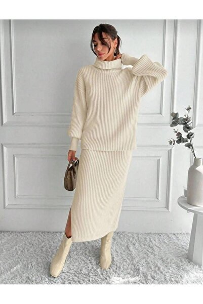 Cockatoo Women's Knitwear Set Turtleneck Sweater + Slit Skirts / Winter Knit Two-Piece Set