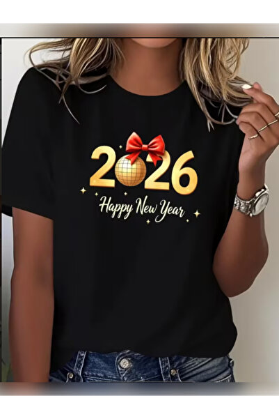 TİMİSİVA Unisex Oversize 2026YILBAŞI Baskılı Bisiklet Yaka Kısa Kollu SİYAH T...