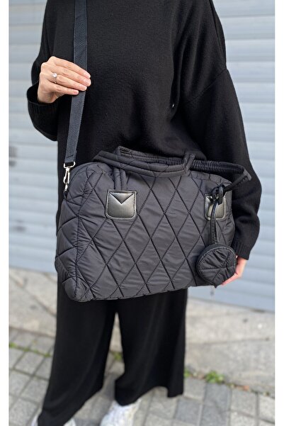 PurpleART Women's Black Quilted Embroidery Patterned Water Repellent Micro Fabric Hand and Shoulder Bag 30X40Cm