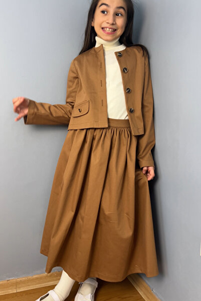 Masnu Çocuk Kız Çocuk Açık Kahverengi Krem Rengi Ceket Midi Boy Etek Takım