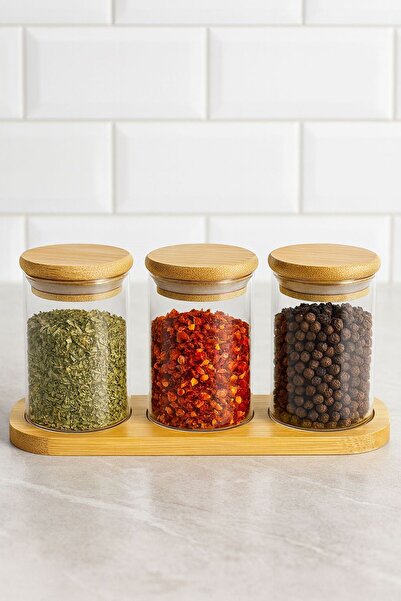 NOVEER Glass Spice Jar Set with Bamboo Lid (Including Base) 7*5.5 cm