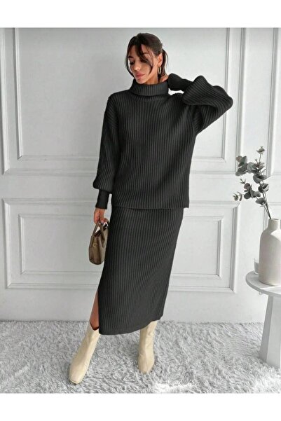 Cockatoo Women's Knitwear Set Turtleneck Sweater + Slit Skirts / Winter Knit Two-Piece Set