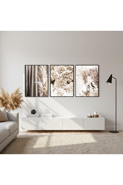 Linacci Triple Black Metal Frame Soft Candle Flower Poster Glass Painting Set