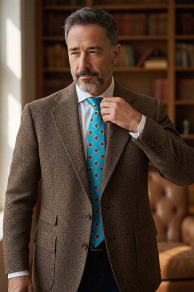 CROATE ربطة عنق حريرية فاخرة مصنوعة يدويًا – نمط مربعات باللون الفيروزي