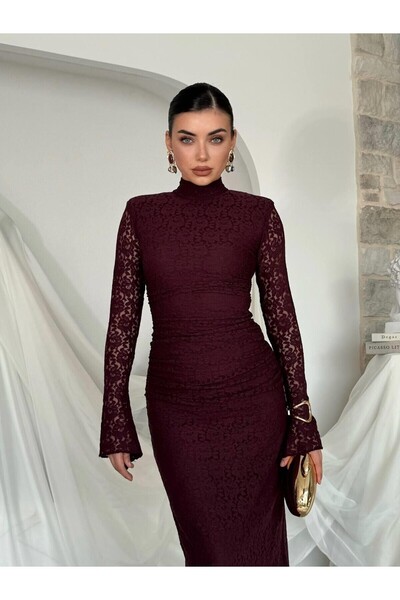 Julidress Plum Shoulder Pad Pack Mock Neck Lined Maxi Long Length Premium Lace Dress