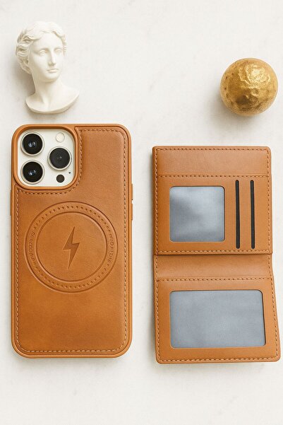 madamcase محفظة وحافظة آيفون 13 برو ماكس من الجلد البني مع حامل بطاقات وميزة ماج سيف