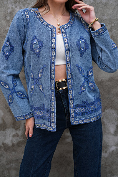 FancyWorld Ethnic Pattern Sequin Embroidered Jeans Denim Vintage Jacket