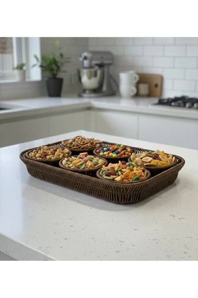 Tutku 7 Parça Rattan Hasır Çerezlik-Tepsili Set