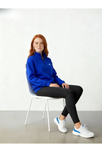 HepsitrentStore Cobalt Blue Colors Zippered Collar Long Sleeve Sweatshirt