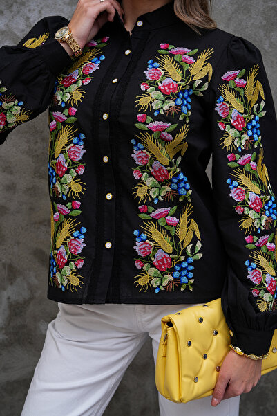 FancyWorld Button and Lace Detailed Fully Embroidered Judge Collar Shirt