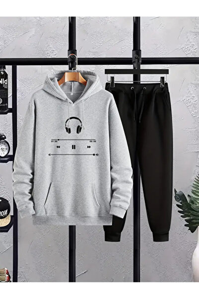 ibibik moda طقم بدلة رياضية موسيق مطبوع باللون الرمادي والأسود