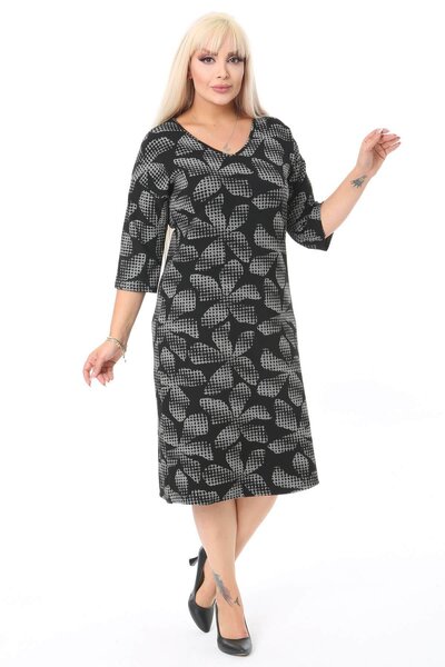 Madwilo Women's Black Floral Pattern Three Quarter Sleeve Plus Size Stretchy Winter Dress