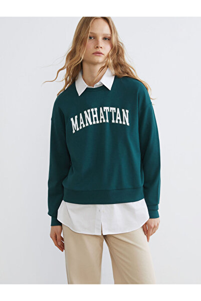 LC Waikiki Πράσινο Γυναικείο Φούτερ Manhattan με τύπωμα oversized