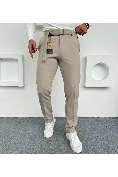 BE TOR Kendinden Kemerli Premium Kumaş Pantolon Krem