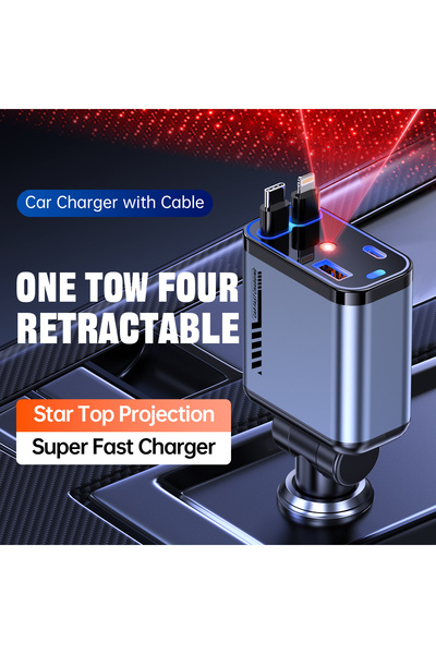 MR.SMART F.T.C Mr.Smart Super Fast Car Charger, Universal 4-Port USB Adapter with Retractable Dual Cables