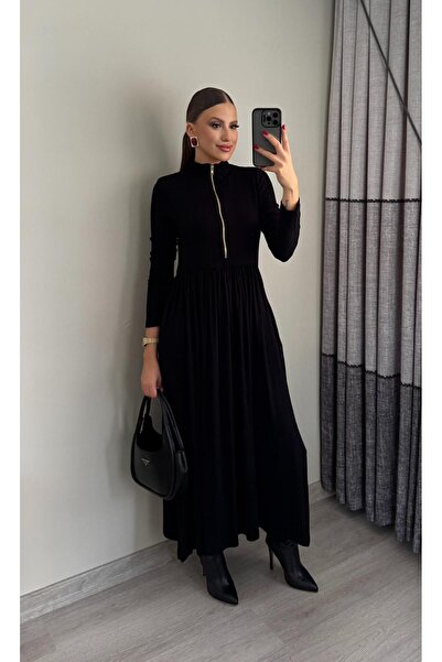 Miasista Fermuarlı Yırtmaçlı Maxi Elbise