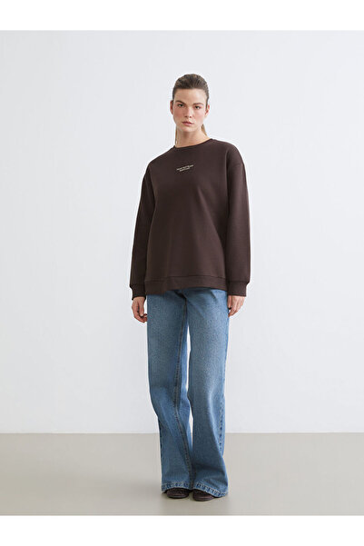 LC Waikiki Brown Embroidered Oversize Women's Thick Sweatshirt