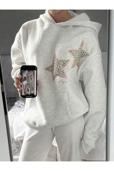 ibibik moda Women's Leopard Star Printed Oversized Hooded Sweatshirt