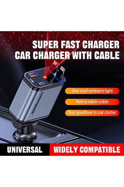 MR.SMART F.T.C Mr.Smart Super Fast Car Charger, Universal 4-Port USB Adapter with Retractable Dual Cables