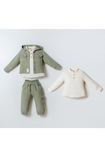 Baby Erkek Bebek Müslin Gömlekli Kapüşonlu 3'lü Takım Bayramlık