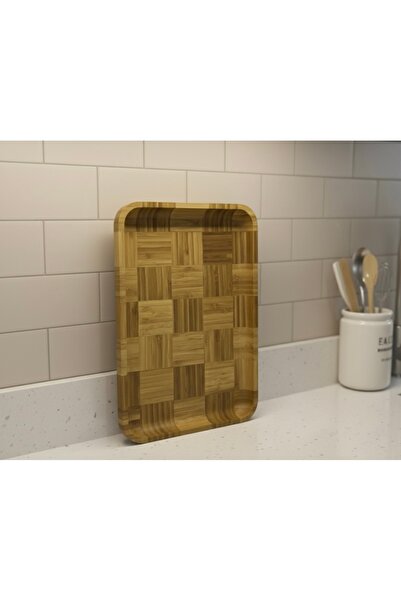Tutku Ahşap Bambu Kare Desenli Sunum Tepsisi-Orta Boy
