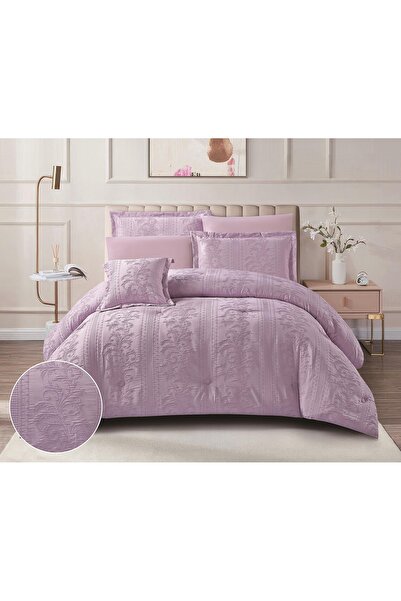 Red Rose Luxury Lavender Duvet Set – 7 Pieces – Embossed Floral Pattern