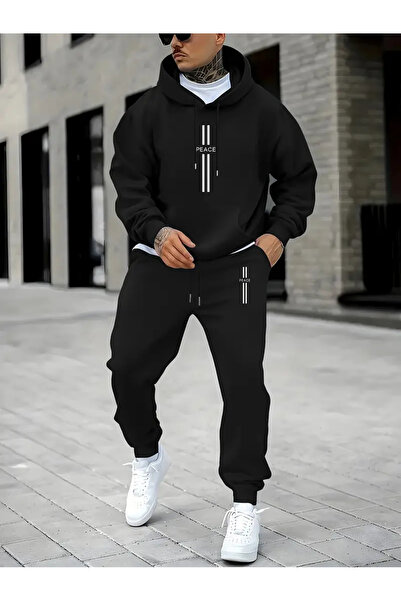 ibibik moda طقم رياضي أسود من PEACE مطبوع