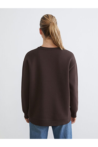 LC Waikiki Brown Embroidered Oversize Women's Thick Sweatshirt