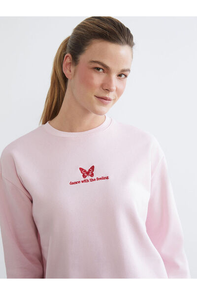 LC Waikiki Pink Embroidered Oversized Women's Thick Sweatshirt