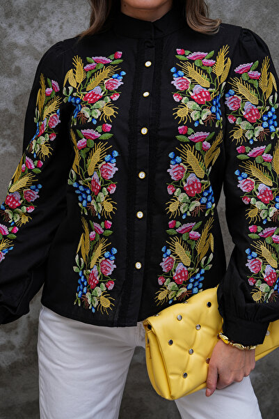 FancyWorld Button and Lace Detailed Fully Embroidered Judge Collar Shirt