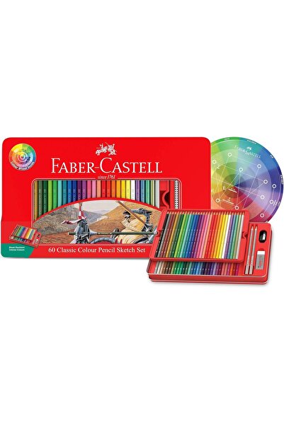 Faber Castell 60 Colored Pencils Sketch Set Metal Tin Break Resistant with Sharpener Eraser