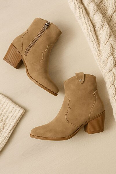 BellaPiede Kadın Bej Süet Kovboy Bot – Sivri Burun, Kalın Topuk, Western Tarz, Kışlık & Günlük Rahat Bot