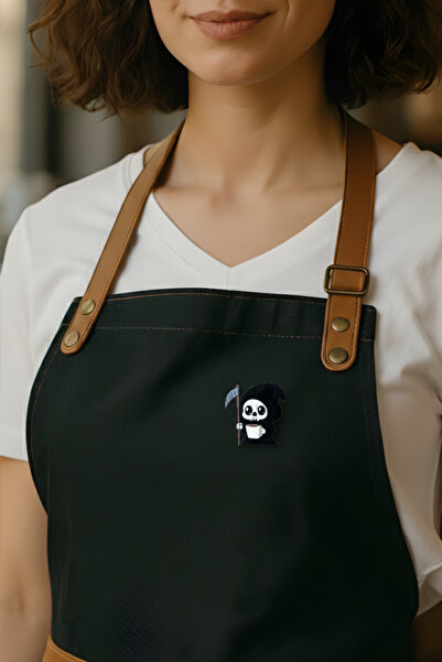 gokmentoy İskelet Adam Kahve Temalı Barista Rozet El Boyaması Ahşap Broş