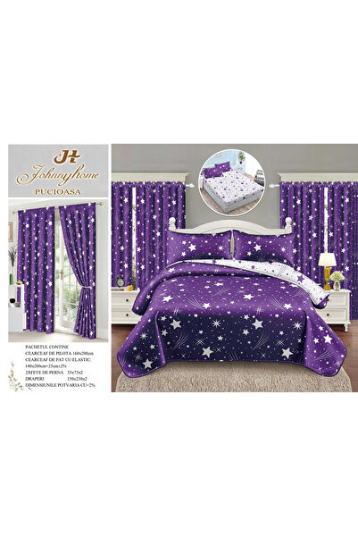 FIONNA.RO Fine Cotton Bedding Set and Curtains 1 Person with Elastic - Star P...