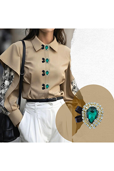 pegu baby collection KURDELALI ZÜMRÜT YEŞİL DAMLA TAŞ 1 ADET TREND DÜĞME BROŞ...