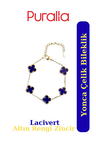 Puralia Clover Steel Bracelet - Navy Blue Clover - Gold Yellow Chain