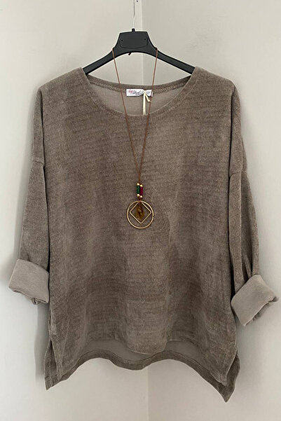 AYASOFYA OTANTIK Women's Italian Mink Casual Overseize Long Sleeve Velvet Blouse Tunic with Necklace Accessories