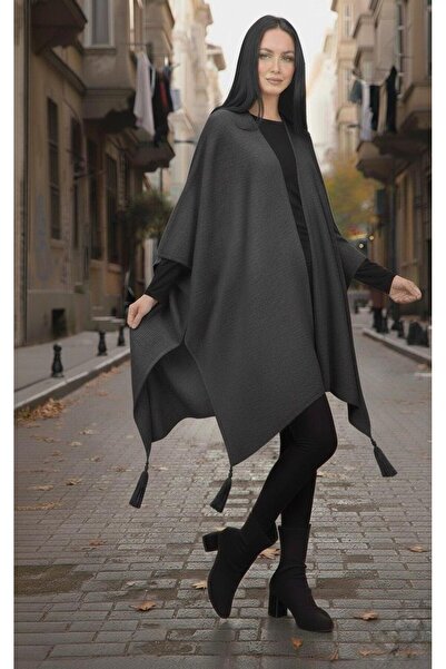 Cockatoo Women's Fringe Detailed Oversized Knitwear Poncho Seasonal Shawl Cardigan (Soft Textured)