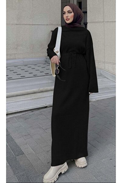 Cockatoo Women's Hijab Knitwear Dress Wide Sleeves Belted Comfortable Fit