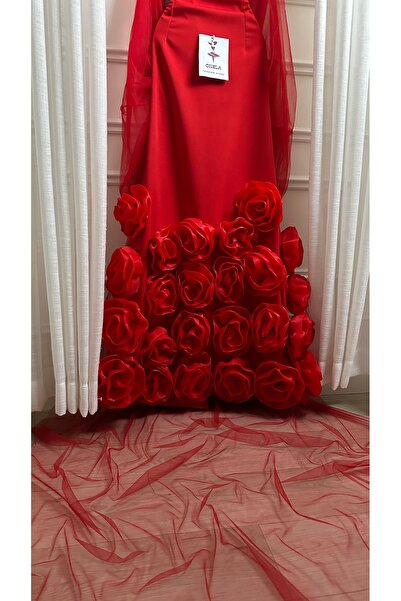 Onila Red dress with roses at the bottom and a long shawl at the back