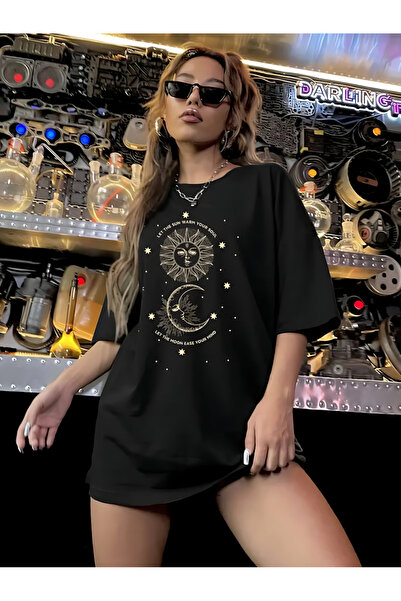 Printiva Unisex Oversize GOLD MOON AND SUN Βαμβακερό T-Shirt με στάμπα και κο...